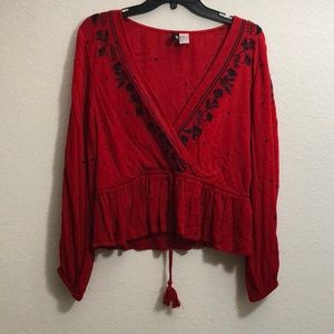 Red wrap long sleeve floral embroidered bohemian top